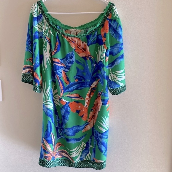 Free Market by Flying Tomato scoop elastic neck short sleeve tropical dress L - Picture 1 of 8